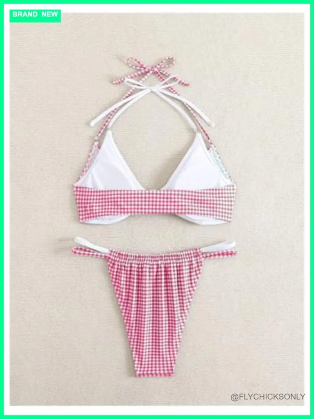High Cut Ruched Thong Brazilian Bikini Set Halter Double Straps Gingham Print
